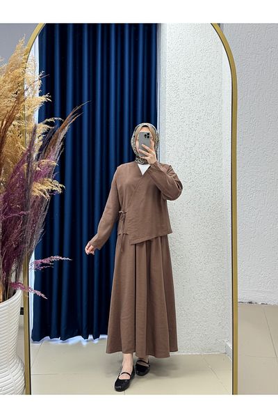 MİHRA STORE Nazan Side Tie Skirt Suit-He8329 Brown