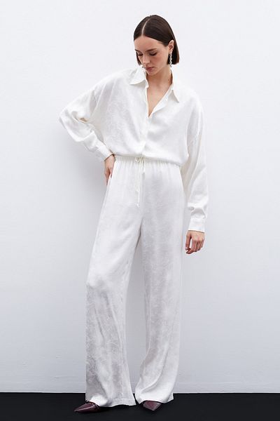 Sateen Jacquard Satin Trousers - Ecru