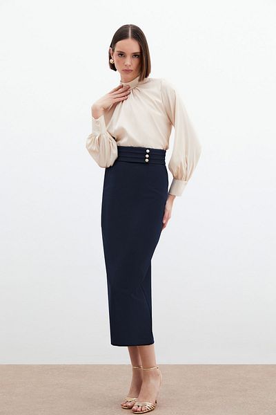 Sateen Button Detailed Midi Skirt - Navy Blue