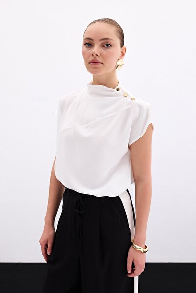 Sateen Tek Omuz Çıtçıtlı Bluz - Ekru