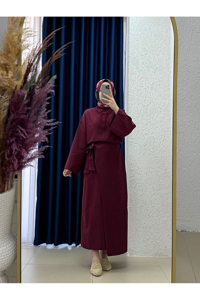 MİHRA STORE Serista Skirt Side Tie Linen Suit-Ek262 Burgundy