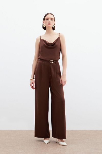 Sateen Belted Casual Trousers - Brown