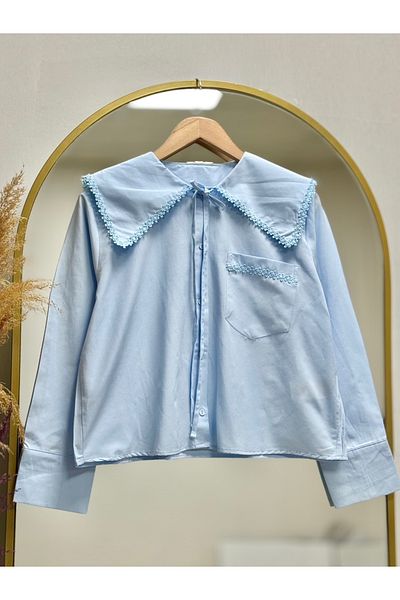 MİHRA STORE Dilara Wide Collar Scallop Detailed Shirt-Eu2774 Baby Blue
