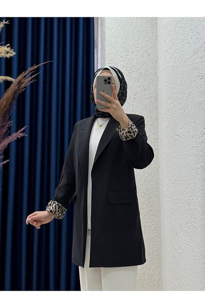 MİHRA STORE Jachetă Nermin cu buzunar dublu cu mânecă și interior cu model leopard-EL1495 negru