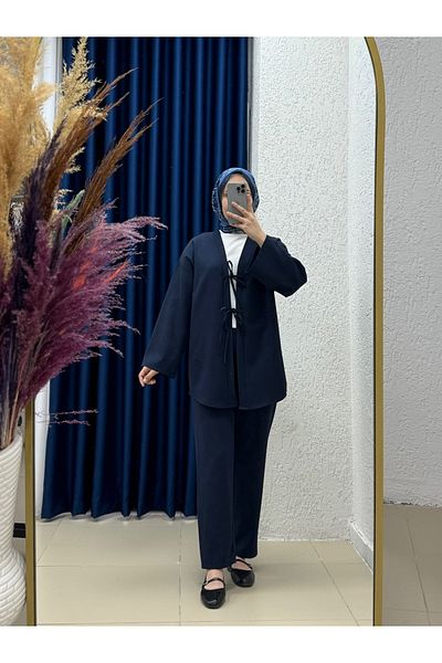 MİHRA STORE Emine Double Laced Pant Suit-Tn013 Navy Blue