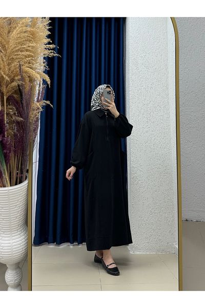 MİHRA STORE Efsun Half Zipper Double Pocket Dress-El1911 Black