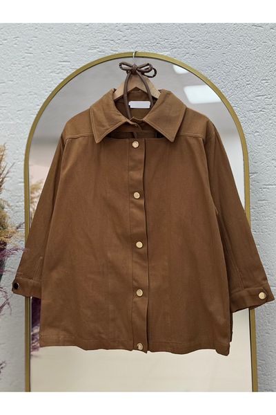 MİHRA STORE Alçin Leather Belted Gold Button Jacket-Nn20066 Tan