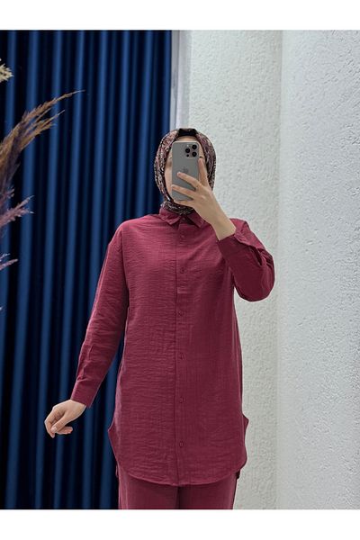 MİHRA STORE İdil Strawberry Fabric Mini Buttoned Pants Suit-Zi̇2186 Burgundy