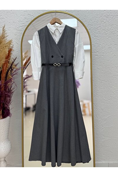 MİHRA STORE Aden Button Detailed Belted Cloth Foot Gilet-Ml2075 Gray