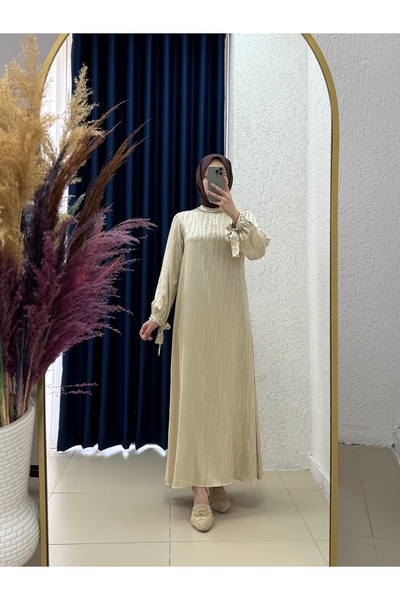 MİHRA STORE Φόρεμα Hafsa με δεμένα μανίκια ζακάρ-EL1888 Stone