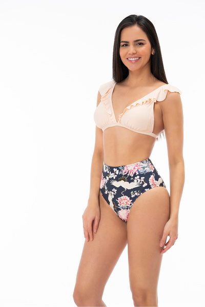 Sunsurf 2025 Kreasyonu Krem, Siyah Etnik Japon Desenli Bikini Takımı