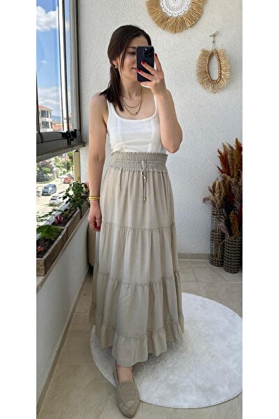 TUNAM BUTİK ASTARLI AYROBİN KETEN DOKUNU PARÇALI ETEK