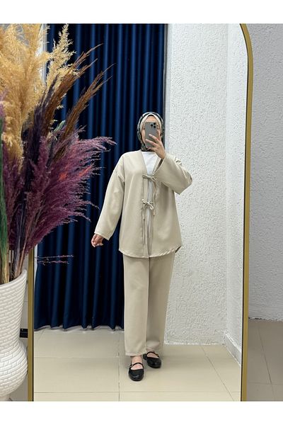 MİHRA STORE Emine Double Laced Pant Suit-Tn013 Stone