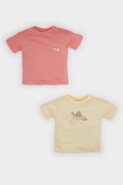 DeFacto Baby Girl Newborn Crew Neck Printed Combed Cotton 2-Piece Short Sleeve T-Shirt E8246A525Sm