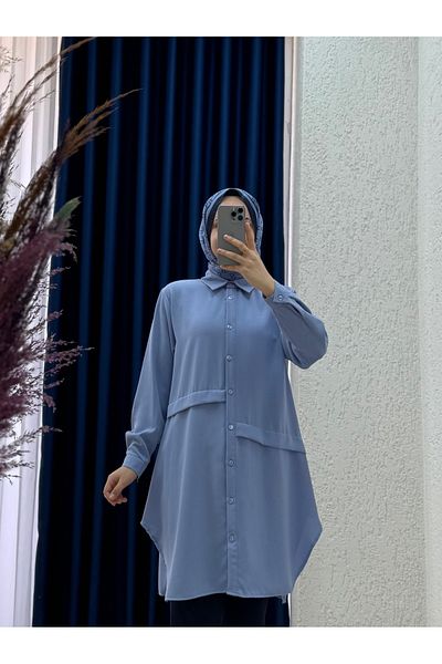 MİHRA STORE Eda Front Pleated Linda Tunic-El1173 Blue