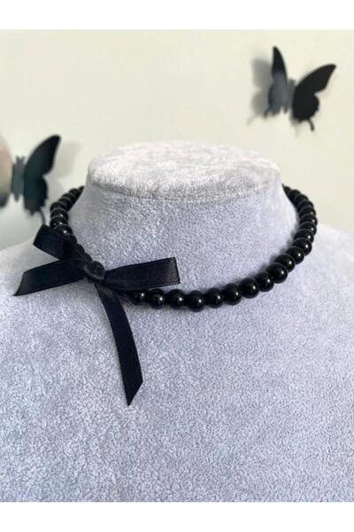 TUHAM AKSESUAR KURDELE DETAYLI SIYAH INCI KOLYE