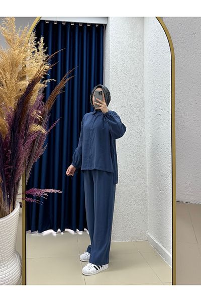 MİHRA STORE Rumeysa Long Slit Pants Suit-Bn4334 Navy Blue