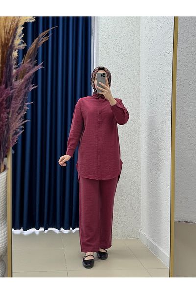 MİHRA STORE İdil Strawberry Fabric Mini Buttoned Pants Suit-Zi̇2186 Burgundy