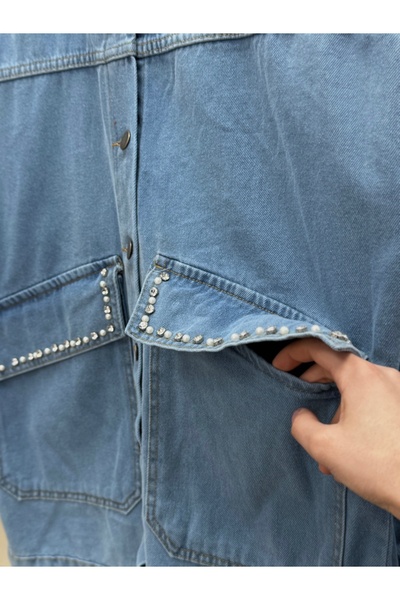 MİHRA STORE Τζιν μπουφάν με πέτρα κεντημένη στον λαιμό και την τσέπη Ceylan-LS1455 Μπλε