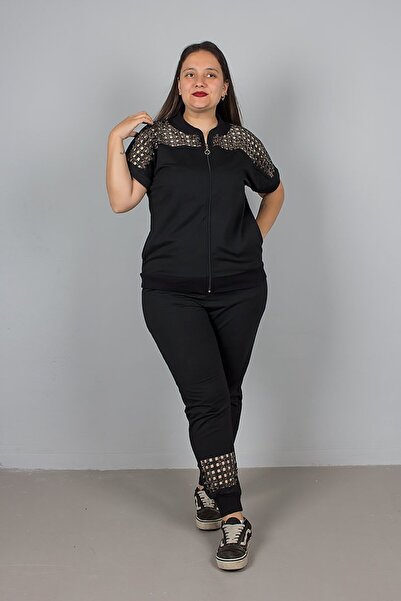 Truva XXL Plus Size 2 Thread Combed Cotton Black Tracksuit Set – Comfortable Elegance with Shoulder and Leg Details