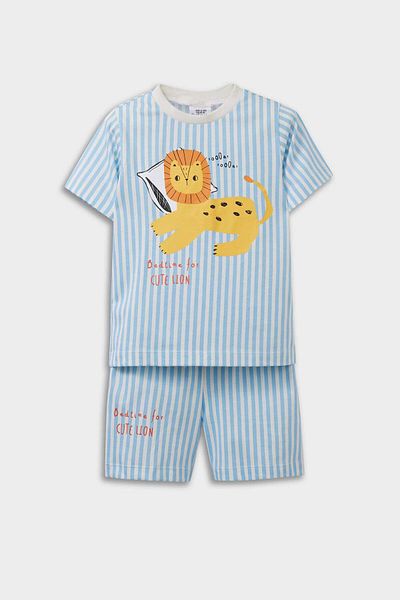DeFacto Set pijamale pentru bebeluși băieți, cu imprimeu de leu, cu mâneci scurte, din bumbac pieptănat, pantaloni scurți cu talie elastică E1191A525HS
