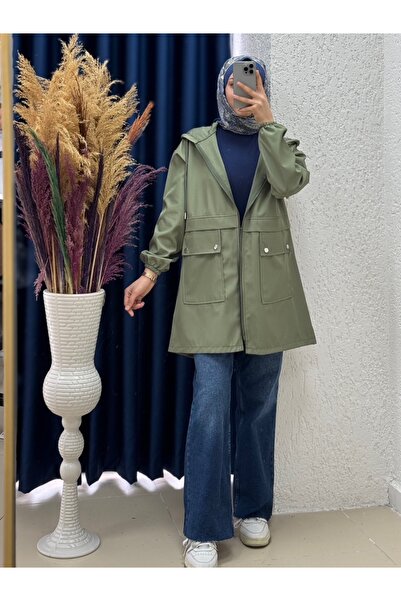 MİHRA STORE Mariana Cepleri Çıtçıtlı Fermuarlı Kapşonlu Bondit Trenç-ZN1438 Haki