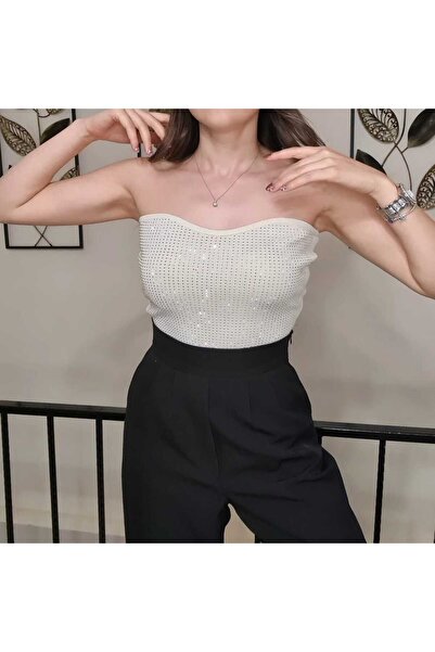 Butik Bej Parıltılı Taşlı Straplez Bluz