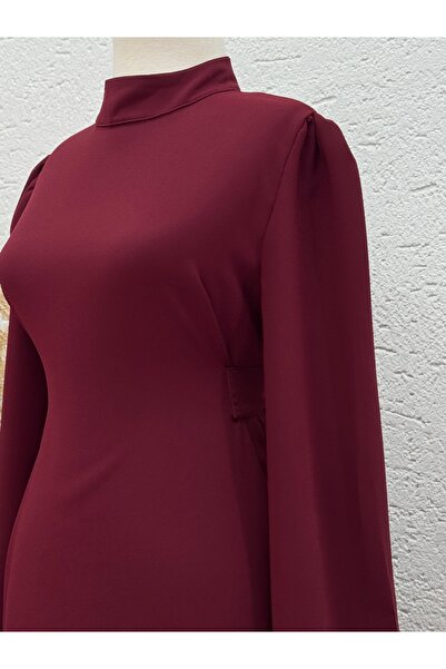 MİHRA STORE Ebru Lace Up Crepe φόρεμα-PA9598 Claret Red