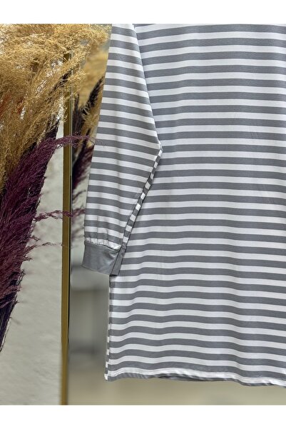 Ebrar Store Γκρι ριγέ Nihal λεπτό τουνίκ - NA674