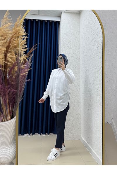 MİHRA STORE Yelera Long Buttoned Side Shirred Shirt-Ek1042 White