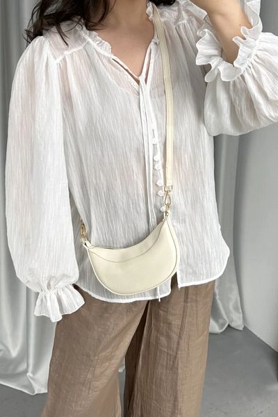 LEONAS Half Moon Women's Hand and Shoulder Bag with Stitching Detail Aprily Cream