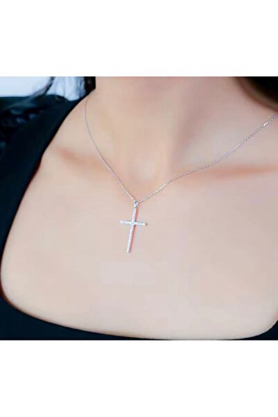 Rachel Silver 925 Ayar Gümüş Zirkon Taşlı Rodyumlu Ayarlanabilir Şık Haç Kolye