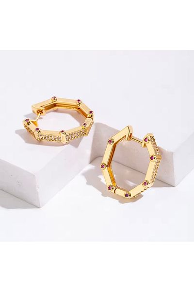 Lunays Steel Baguetta Zircon Stone Hoop Women's Earrings Gold Color