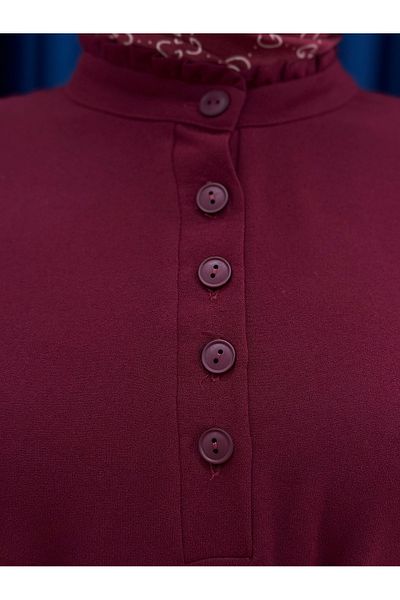MİHRA STORE Vesira Fusta detaliată cu nasturi la piept Rochie creponată cu volane-PA9215 Bordeaux