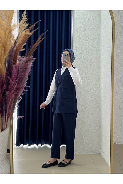 MİHRA STORE Velisa Strawberry Suit with Vest and Shirt-Mf668 Navy Blue