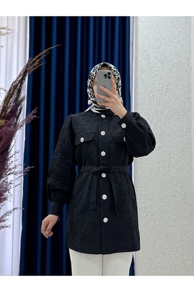 MİHRA STORE Jachetă cu model de flori în relief Rosa-EU2306 Negru