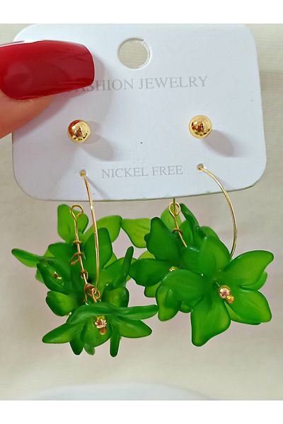 mos&more 4 Pieces Green Flower Gold Hoop Women's Earrings