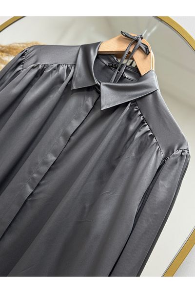 MİHRA STORE Müge Shoulder Drawstring Detailed Satin Shirt-Ün1453 Gray