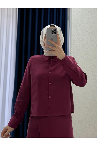 MİHRA STORE Tiresia Crop Shirt with Tie-Up Skirt Suit-Bn4350 Burgundy