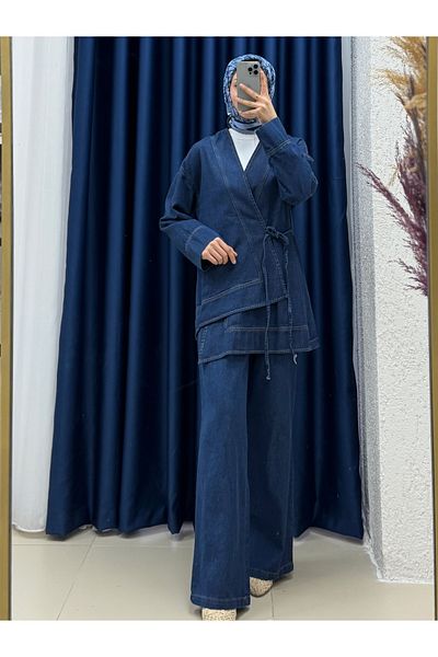 MİHRA STORE Lozan Cloth Foot Side Tie Trousers Denim Suit-Ml3041 Denim Color
