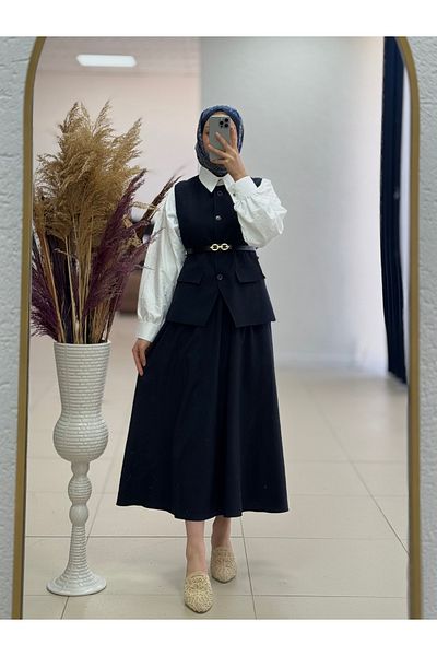 MİHRA STORE Zenetta Belt Chain Detailed Lined Vest Double Suit-Un3000 Navy Blue
