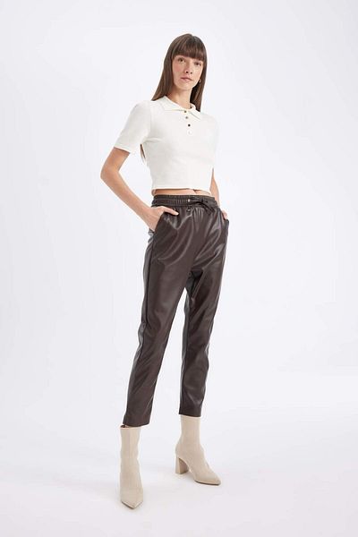 DeFacto Jogger High Waist Pocket Faux Leather Pants X8320Az24Wn