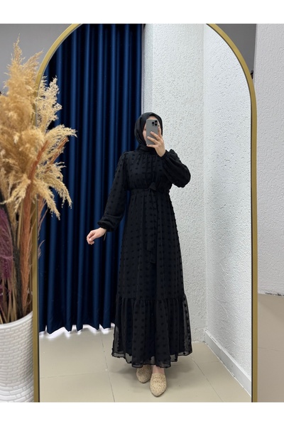 MİHRA STORE Yelola Ponpon Desen Astarlı Şifon Abiye-PA9511 Siyah