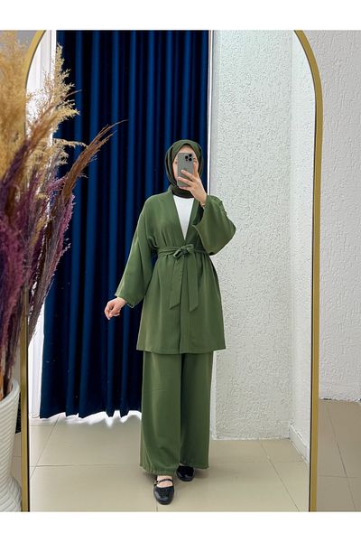 MİHRA STORE Costum cu pantaloni largi cu jachetă cu curea Zenoria-NL434 Haki