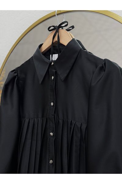 MİHRA STORE Rain Skirt Pleated Satin Shirt-El1880 Black