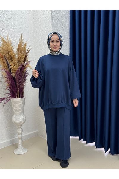 MİHRA STORE Dilşah Loose Sweat Two Thread Pants Set-Nl222 Indigo
