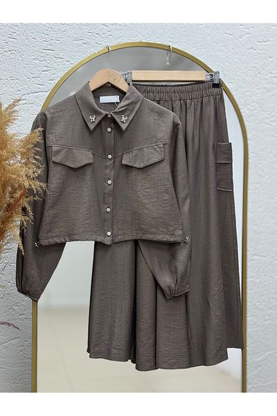 MİHRA STORE Selin Shirt Short and Bronchi Skirt Suit-Ay8570 Brown