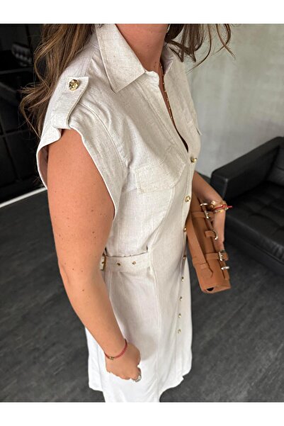 begum mayda Orijinal Model , Kemer Detaylı , Gold Düğmeli , Bej , Keten Elbise
