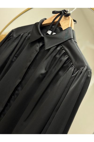 MİHRA STORE Müge Shoulder Drawstring Detailed Satin Shirt-Ün1453 Black