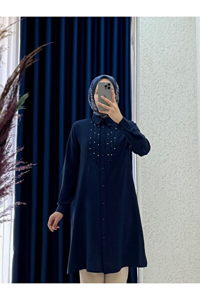 MİHRA STORE Πουκάμισο Linda με πλισέ μπροστά Aurora-EL1875 Navy Blue